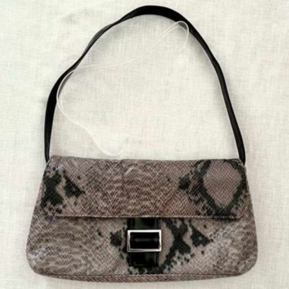 Faux Snakeskin Shoulder Bag Gray Black Patent Buckle Flap Y2K Style